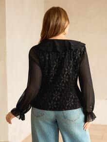 Roveilla Plus Size Jacquard Embroidered Double Layer Ruffle Collar Chiffon Patchwork Long Sleeve Cinched Waist Blouse Wedding Guest Black Summer Decent Elegant - Black - View 2