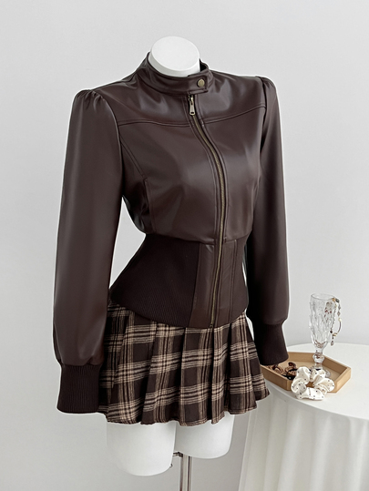 Elamini Women's Slim Fit Faux Leather Corset Moto Jacket Zip Up Cropped Jacket