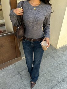 Autumina Women's Cable Knit Crew Neck Long Sleeve Casual Sweater - Grey - View 6