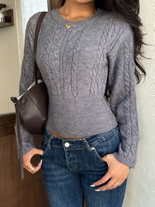 Autumina Women's Cable Knit Crew Neck Long Sleeve Casual Sweater - Grey - View 7