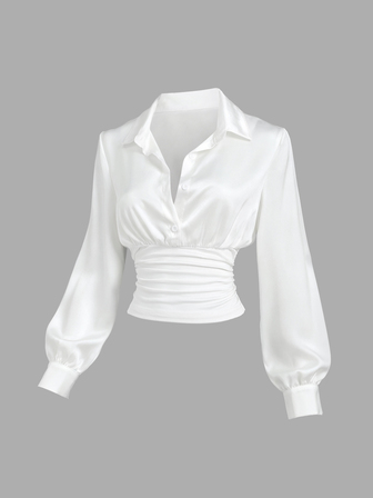 Sweetra Bluză albă elegantă de damă, design de modă Toamnă/Iarnă, pentru navetă, cu pliuri, talie strânsă, rever, din satin, cu mânecă lungă