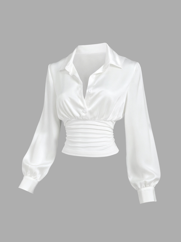 Sweetra Autumn/Winter Fashion Design New Elegant Commute Pleated Cinched Waist Lapel Satin Long Sleeve White Blouse For Women