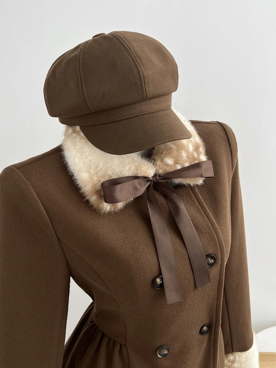 Elamini 1pc Borg Collar Double Breasted Overcoat - Brown - View 1