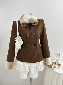 Elamini 1pc Borg Collar Double Breasted Overcoat - Brown - View 7