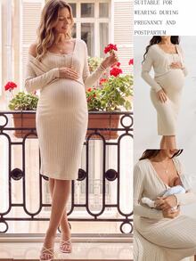 SHEIN Maternity Solid Color Nursing Camisole Dress Long Sleeve Cardigan 2 Pieces Set Fall Office Home Wear Beige Casual Romantic Cute - Apricot - View 10