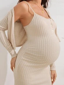 SHEIN Maternity Solid Color Nursing Camisole Dress Long Sleeve Cardigan 2 Pieces Set Fall Office Home Wear Beige Casual Romantic Cute - Apricot - View 2