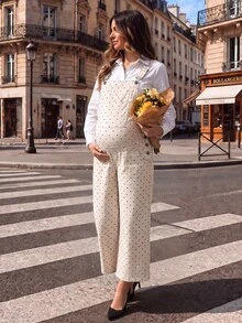 SHEIN Maternity Polka Dot Fashion Denim Overalls - Beige - View 10