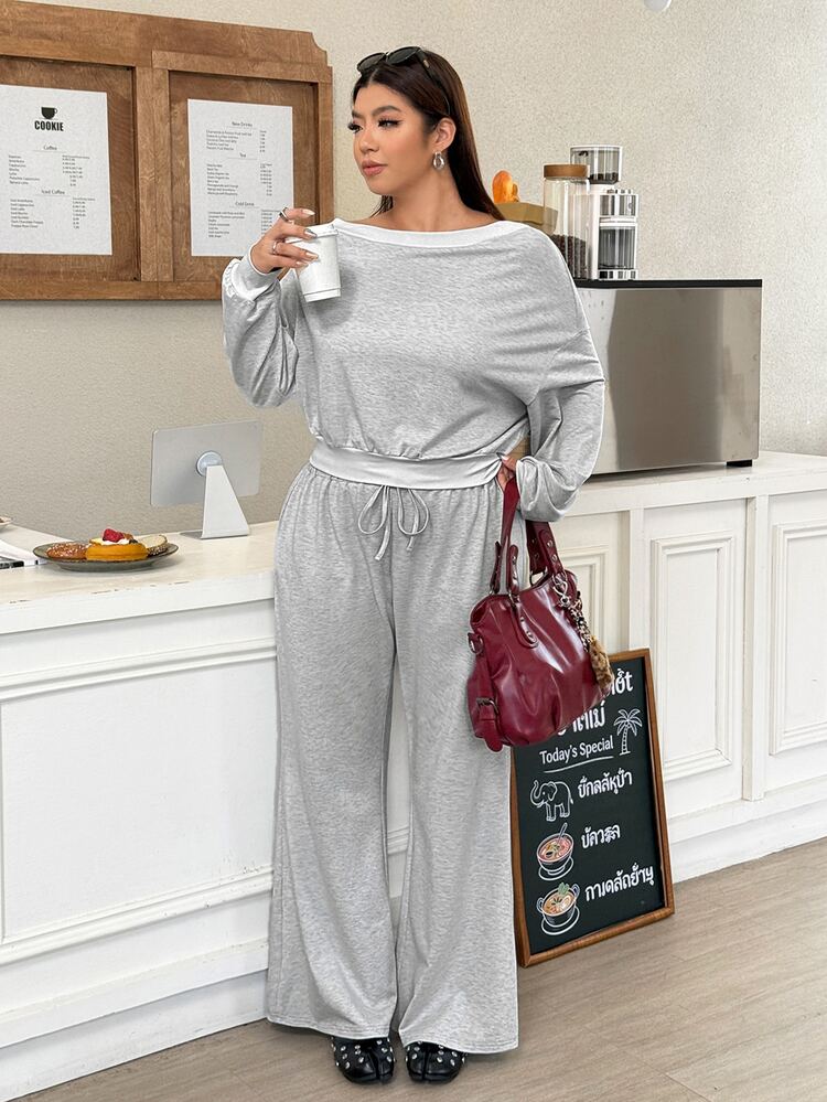 Muchica Plus Size Asymmetrical Shoulder Sweatshirt And Drawstring Waist Flared Pants 2 Pieces Set Fall - Light Grey - View 4
