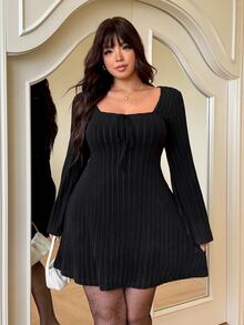 GalTyme Plus Size Elegant Tie-Up Long Sleeve Dress For Evening Party Fall - Black - View 3