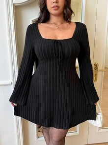 GalTyme Plus Size Elegant Tie-Up Long Sleeve Dress For Evening Party Fall - Black - View 6