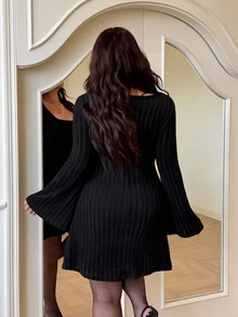 GalTyme Plus Size Elegant Tie-Up Long Sleeve Dress For Evening Party Fall - Black - View 2