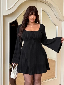 GalTyme Plus Size Elegant Tie-Up Long Sleeve Dress For Evening Party Fall - Black - View 4