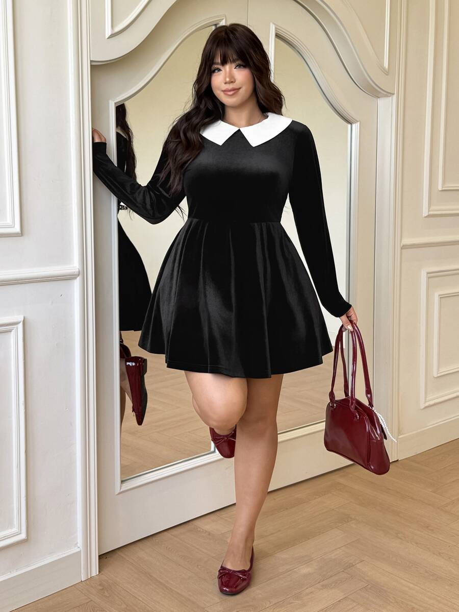 GalTyme Plus Size Wednesday Black Contrast Color Mini Dress, Halloween Costume, Role Play, Party Graduation Birthday Vacation Autumn Cute Casual Traditional - Black and White - View 1
