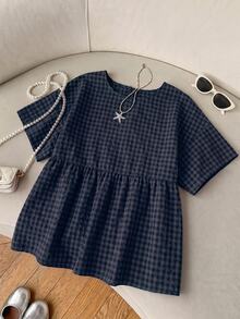 Solflare Blus Kasual Kotak-kotak Berkerut untuk Wanita Ukuran Plus - Navy Blue - View 2
