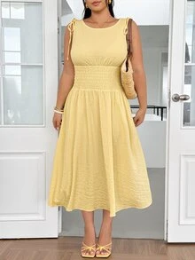 GalTyme Yellow Plus Size Women's Shoulder Knot Waist Tie Sleeveless Dress Vacation Date Night Summer Elegant - Yellow - View 3