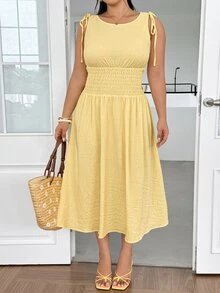 GalTyme Yellow Plus Size Women's Shoulder Knot Waist Tie Sleeveless Dress Vacation Date Night Summer Elegant - Yellow - View 4