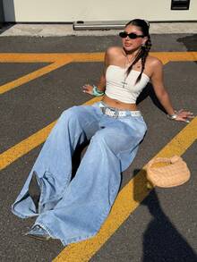 Muchica Plus Size Women's Letter Pattern Casual Daily Wear Jeans - Baby Blue - View 3