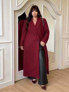 GalTyme Plus Size Women's Solid Color Notch Lapel Long Sleeve Double-Breasted Long Elegant Overcoat Winter - Burgundy - View 4