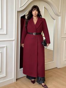 GalTyme Plus Size Women's Solid Color Notch Lapel Long Sleeve Double-Breasted Long Elegant Overcoat Winter - Burgundy - View 2