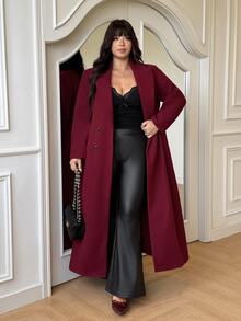 GalTyme Plus Size Women's Solid Color Notch Lapel Long Sleeve Double-Breasted Long Elegant Overcoat Winter - Burgundy - View 7