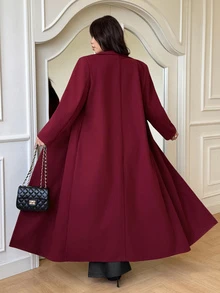 GalTyme Plus Size Women's Solid Color Notch Lapel Long Sleeve Double-Breasted Long Elegant Overcoat Winter - Burgundy - View 6