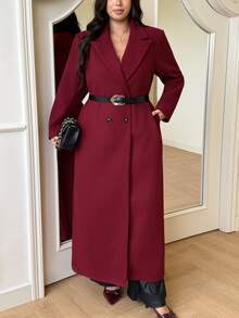 GalTyme Plus Size Women's Solid Color Notch Lapel Long Sleeve Double-Breasted Long Elegant Overcoat Winter - Burgundy - View 3