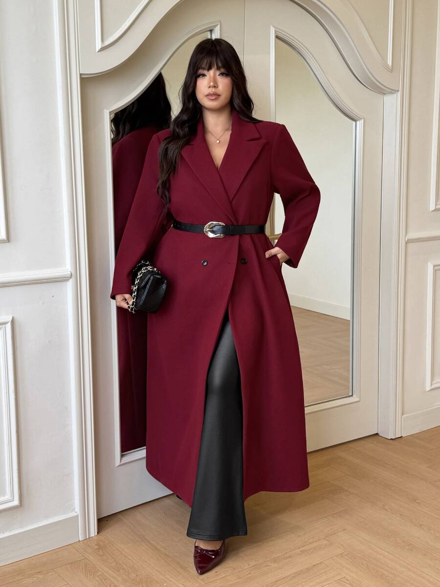 GalTyme Plus Size Women's Solid Color Notch Lapel Long Sleeve Double-Breasted Long Elegant Overcoat Winter - Burgundy - View 1