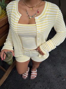 Muchica Plus Size Striped Long Sleeve Top & Camisole Shorts 2 Pieces Set Fall - Yellow - View 4