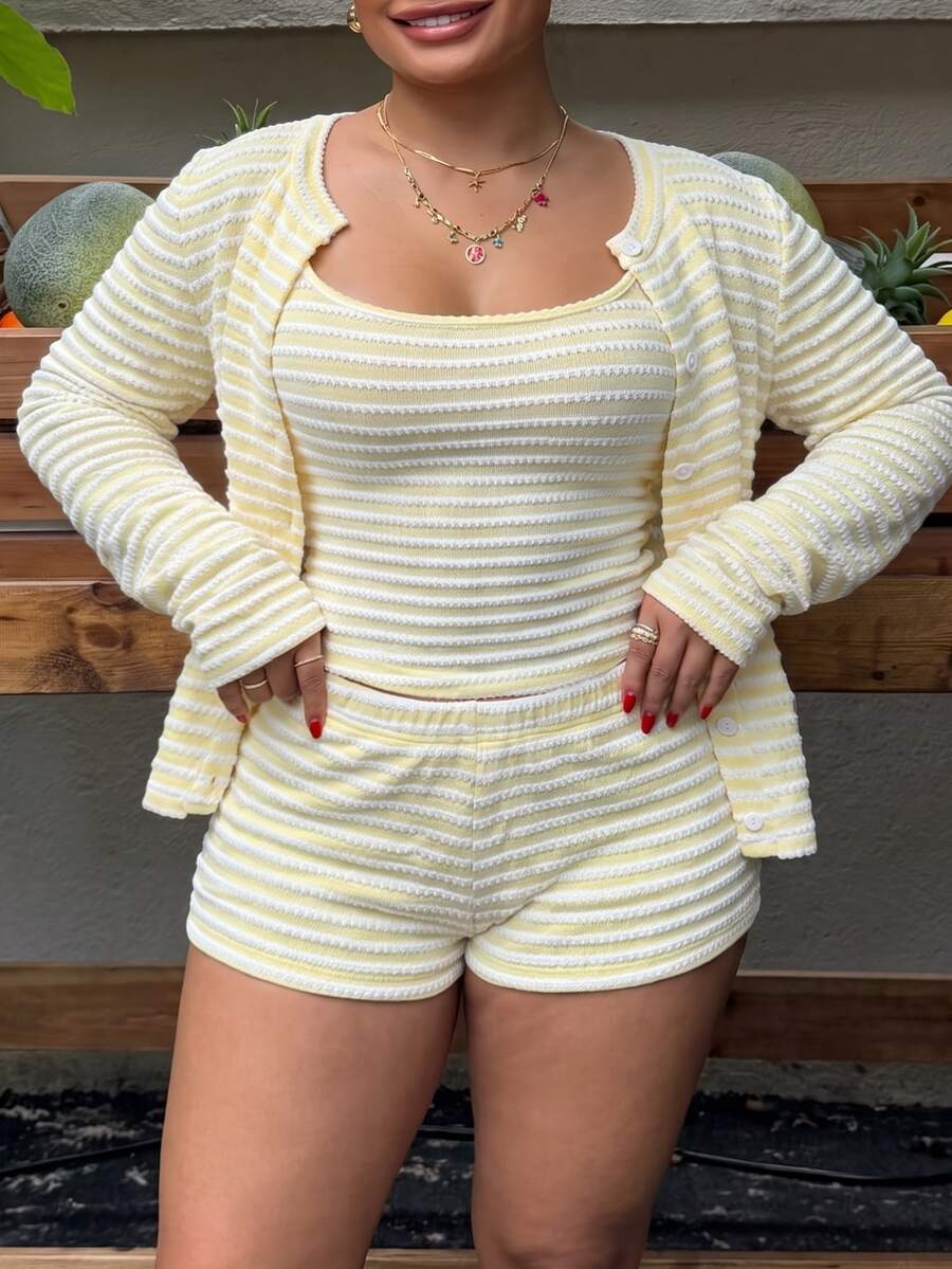 Muchica Plus Size Striped Long Sleeve Top & Camisole Shorts 2 Pieces Set Fall - Yellow - View 1