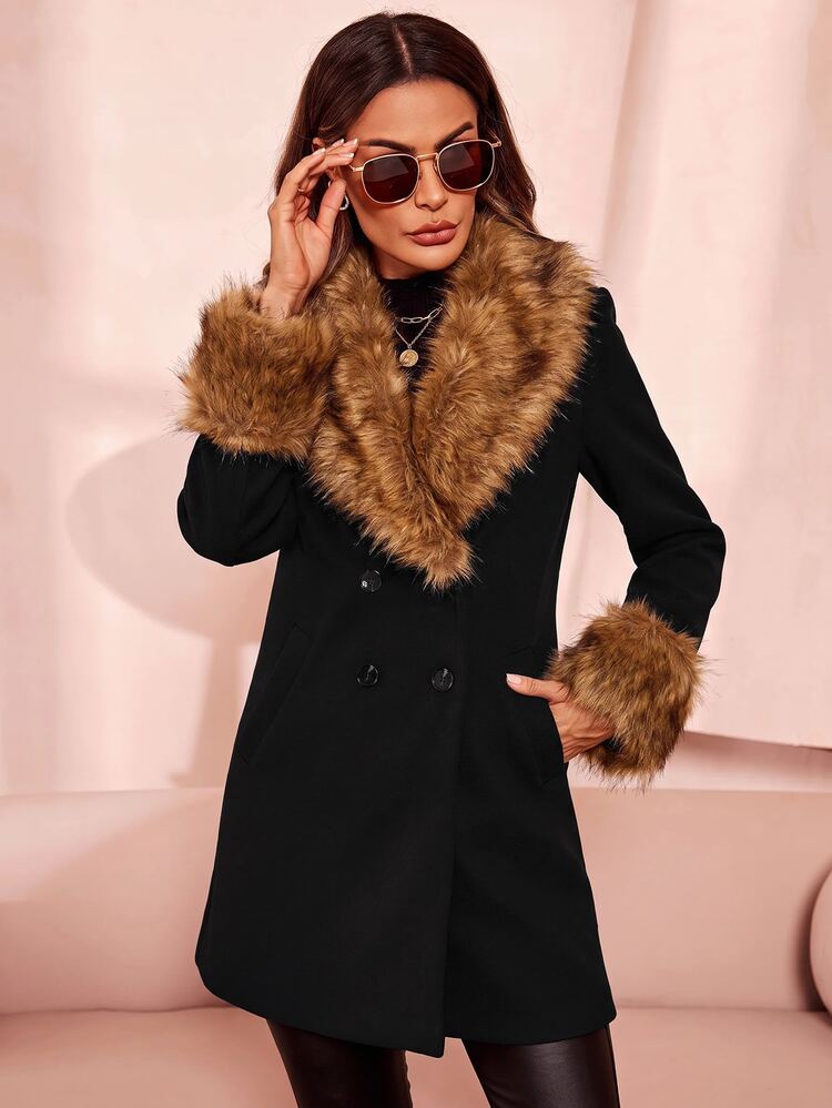 SHEIN Clasi Lapel Neck Double Breasted Overcoat In Fall/Winter - Black - View 6