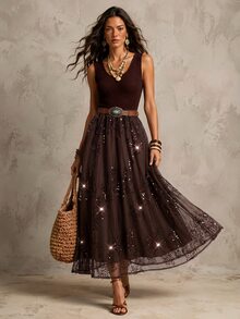 Solivie Women's Solid Color Patchwork Sequin Mesh Hem Sleeveless Elegant Mid-Length Dress - Brown - View 6
