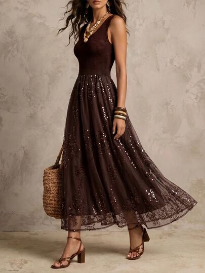 Solivie Vestido elegante de comprimento médio para mulher, sem mangas, cor lisa, patchwork e lantejoulas, com bainha em malha