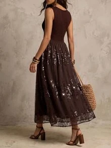 Solivie Women's Solid Color Patchwork Sequin Mesh Hem Sleeveless Elegant Mid-Length Dress - Brown - View 2