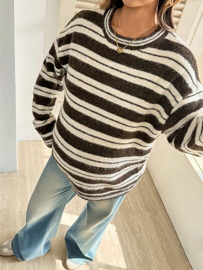 SHEIN Pull col rond à manches longues confortable et minimaliste avec rayures et couleurs contrastées pour femmes enceintes en hiver