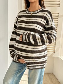 SHEIN كنزة صوفية مريحة بتصميم بسيط مخطط بألوان متباينة بأكمام طويلة وياقة دائرية للنساء الحوامل في فصل الشتاء - متعدد الألوان - مشاهدة 4