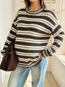SHEIN كنزة صوفية مريحة بتصميم بسيط مخطط بألوان متباينة بأكمام طويلة وياقة دائرية للنساء الحوامل في فصل الشتاء - متعدد الألوان - مشاهدة 3