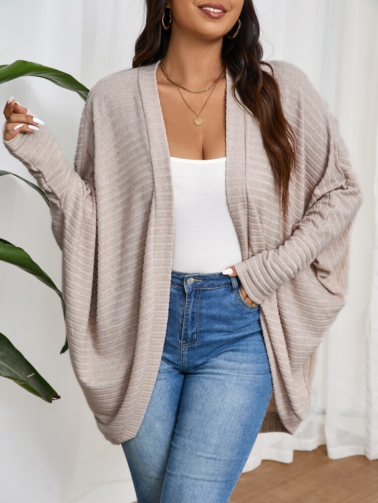Lounesse Chaqueta de punto tejida con textura suelta y de talla grande para uso casual - Albaricoque - Añade 5