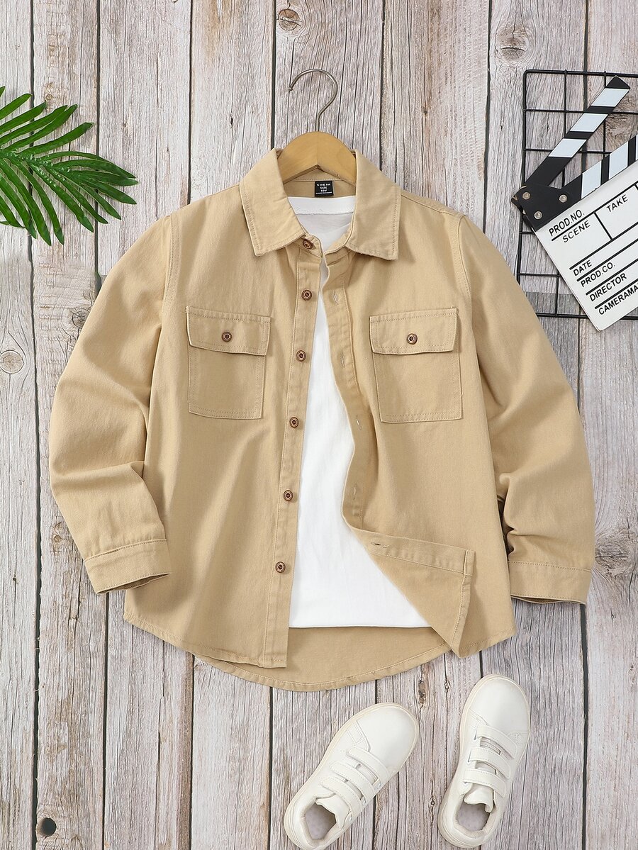 SHEIN Tween Boy Casual Korean Basic Denim Jacket Chic For Autumn/Winter School Khaki - Khaki - View 1