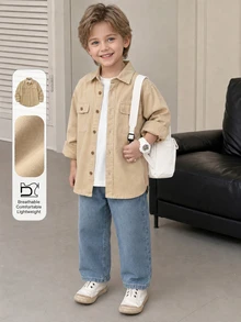 SHEIN Tween Boy Casual Korean Basic Denim Jacket Chic For Autumn/Winter School Khaki - Khaki - View 3