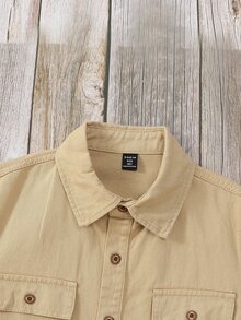 SHEIN Tween Boy Casual Korean Basic Denim Jacket Chic For Autumn/Winter School Khaki - Khaki - View 7