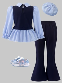 Toddler Girls 2pcs Polyester Lapel Collar Long Sleeve Striped Ruffle Applique Long Regular Fit Princess Shirt Set Back To School Fall Blue - Blue - View 2