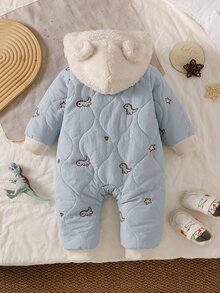 SHEIN Baby Knit Hooded Long Sleeve Letter Print Zip Pocket Long Loose Fit Fleece Lined Romper Winter Multicolor - Multicolor - View 2