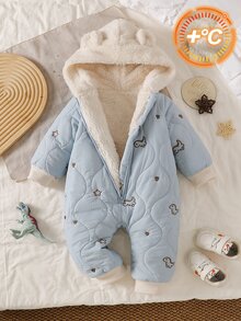 SHEIN Baby Knit Hooded Long Sleeve Letter Print Zip Pocket Long Loose Fit Fleece Lined Romper Winter Multicolor - Multicolor - View 1