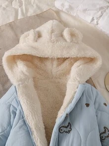 SHEIN Baby Knit Hooded Long Sleeve Letter Print Zip Pocket Long Loose Fit Fleece Lined Romper Winter Multicolor - Multicolor - View 4