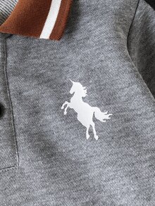SHEIN 幼童男童秋冬拼接撞色休閒學院風獨角馬印花長袖 Polo 運動衫 - 藏蓝色 - 查看 8