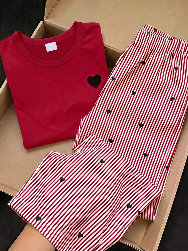2pcs Young Girl Sweet Heart Print Striped Embroidered Crewneck Long Sleeve Trousers T-Shirt Pants Set Christmas Party Fall Style Fall Outfits - Burgundy - View 1