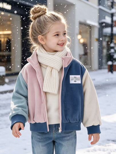 SHEIN Elladie kids Young Girls Sweet Cute Colorblock Corduroy Zipper Jacket Coat Suitable For Daily Casual Outings Spring Autumn Winter
