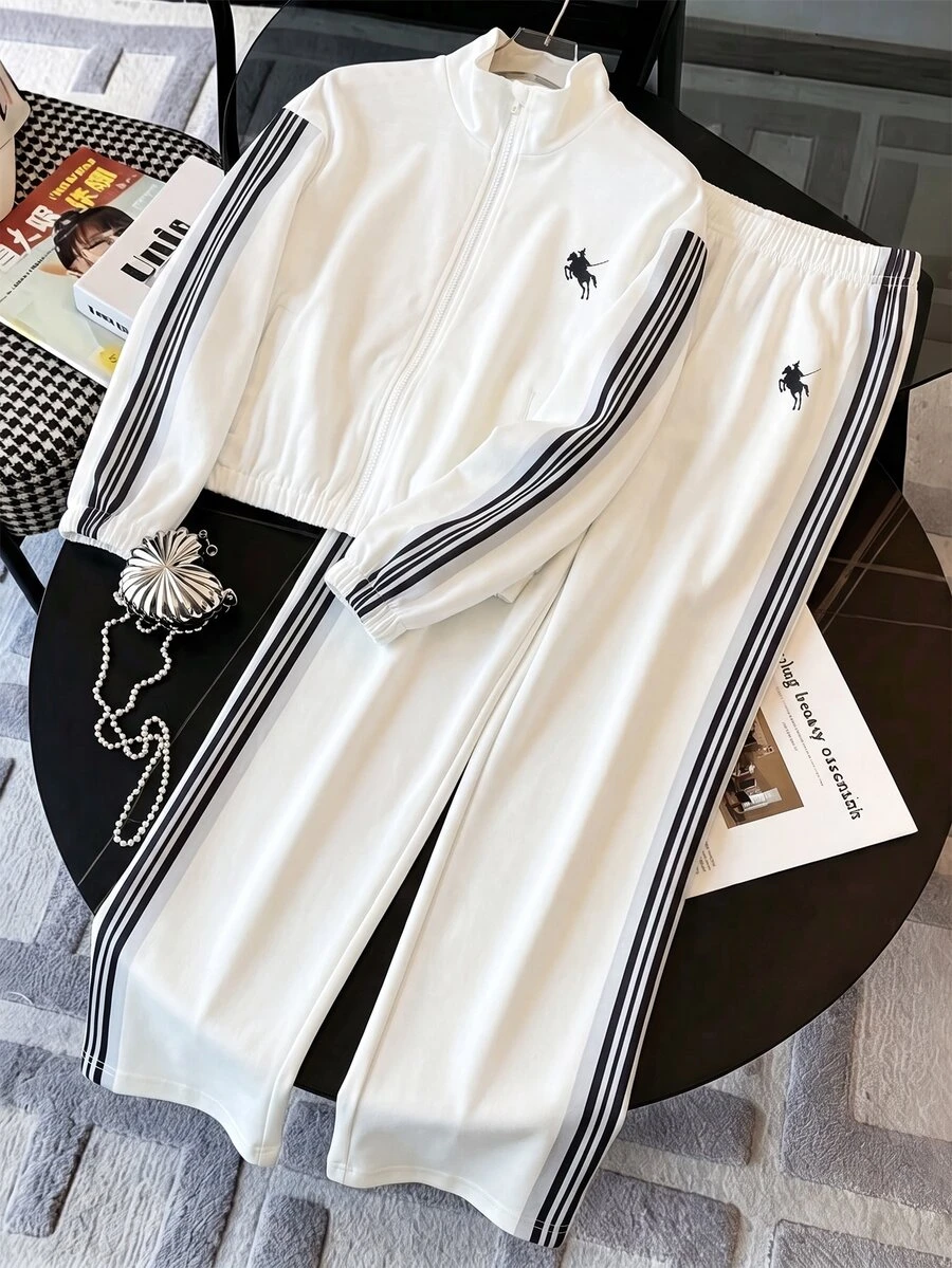 SHEIN Elladie kids Tween Girls 2pcs/Set Autumn/Winter New Outfit, Special Effect Digital Print Pattern/Stripes, Three Black Contrast Stripes On Sleeve Sides, Small - Black and White - View 1