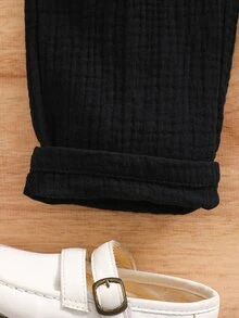 SHEIN 年轻女孩休闲百搭褶皱腰蝴蝶结点缀黑色裤子。适合春、夏、秋、冬，适合休闲场合 - 黑色 - 查看 8