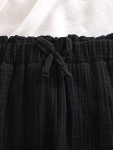 SHEIN 年轻女孩休闲百搭褶皱腰蝴蝶结点缀黑色裤子。适合春、夏、秋、冬，适合休闲场合 - 黑色 - 查看 5